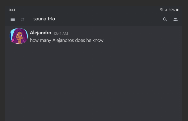 on a discord with the channel 'sauna trio' alejandro's blushing art by antonio, with antonio cut off, is alejandro's icon as he says: how many Alejandros does he know